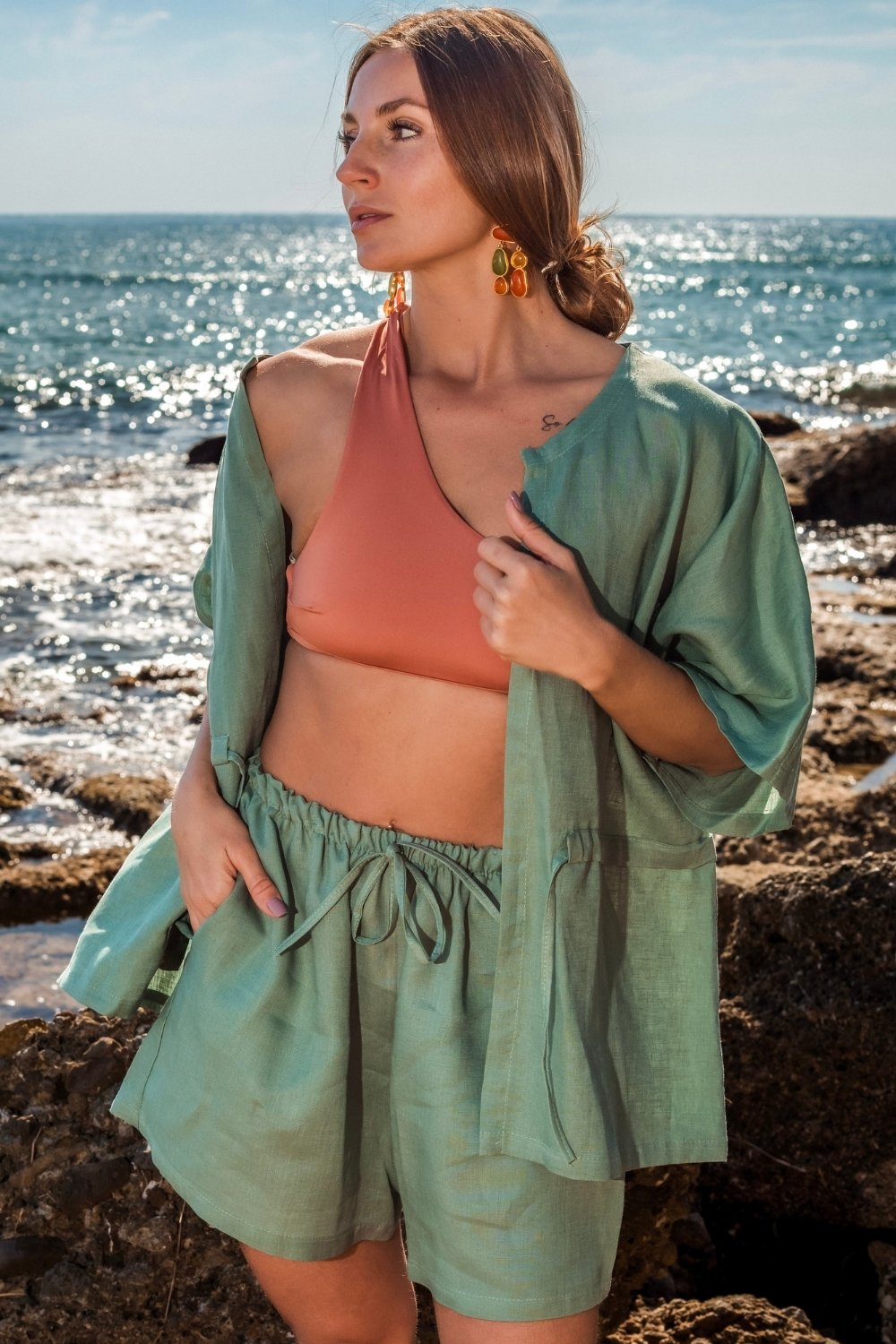 Carryberry-Çağla Yeşili Keten Kimono Takım-Alt - Üst Takım-1-Milagron.com