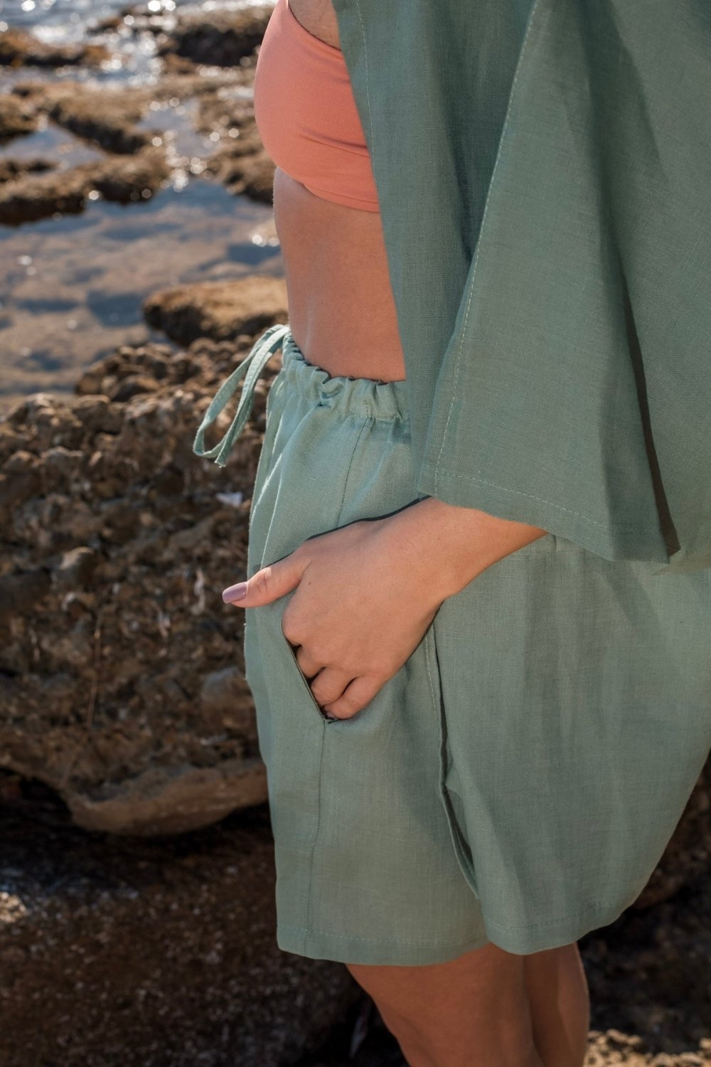 Carryberry-Çağla Yeşili Keten Kimono Takım-Alt - Üst Takım-3-Milagron.com