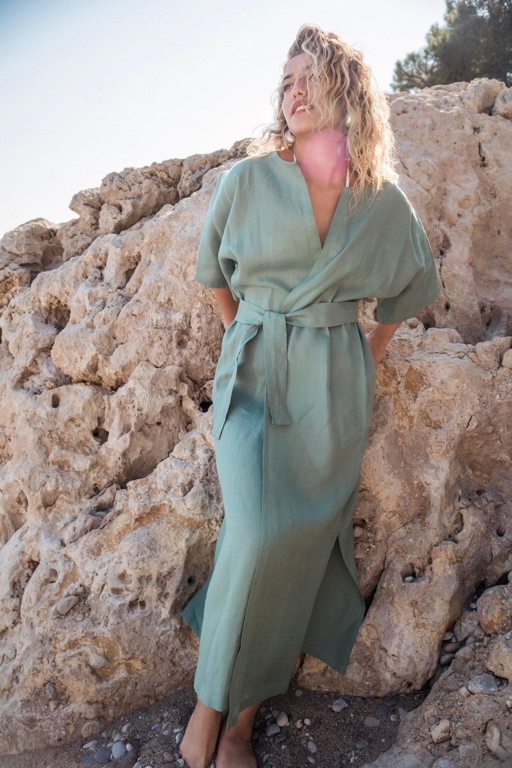 Carryberry-Çağla Yeşili Keten Uzun Kimono-Kimono-1-Milagron.com