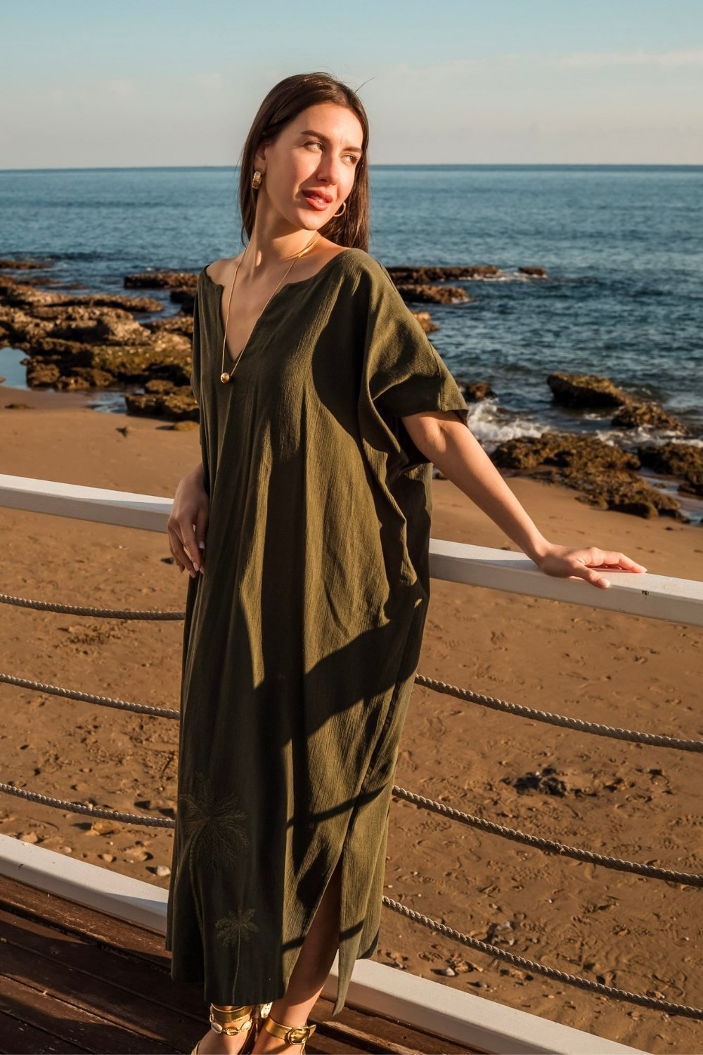 Carryberry-Haki Nakışlı Kaftan Elbise-Elbise-3-Milagron.com