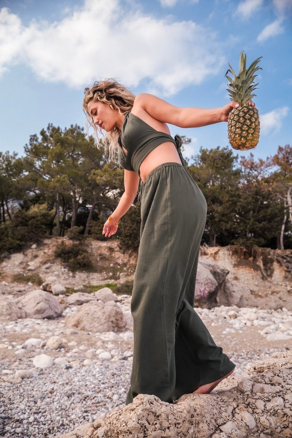 Carryberry-Müslin Boyundan Bağlamalı Haki Büstiyer-Crop Top-4-Milagron.com