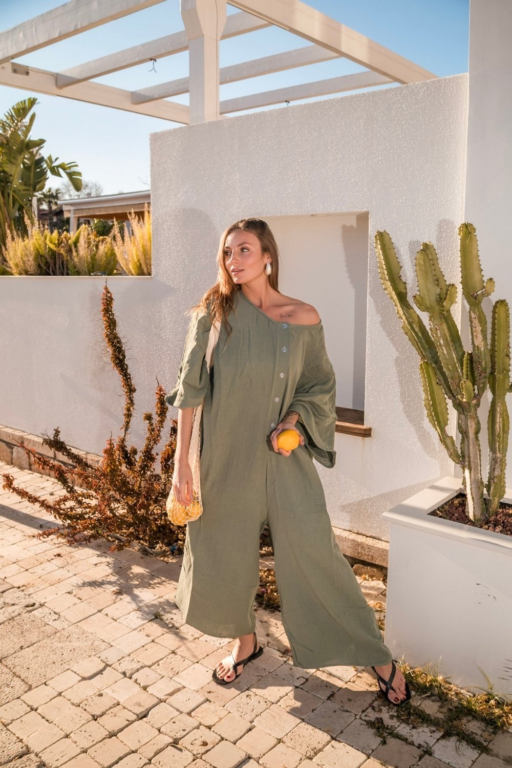 Carryberry-Oversize Haki Müslin Tulum-Tulum-1-Milagron.com