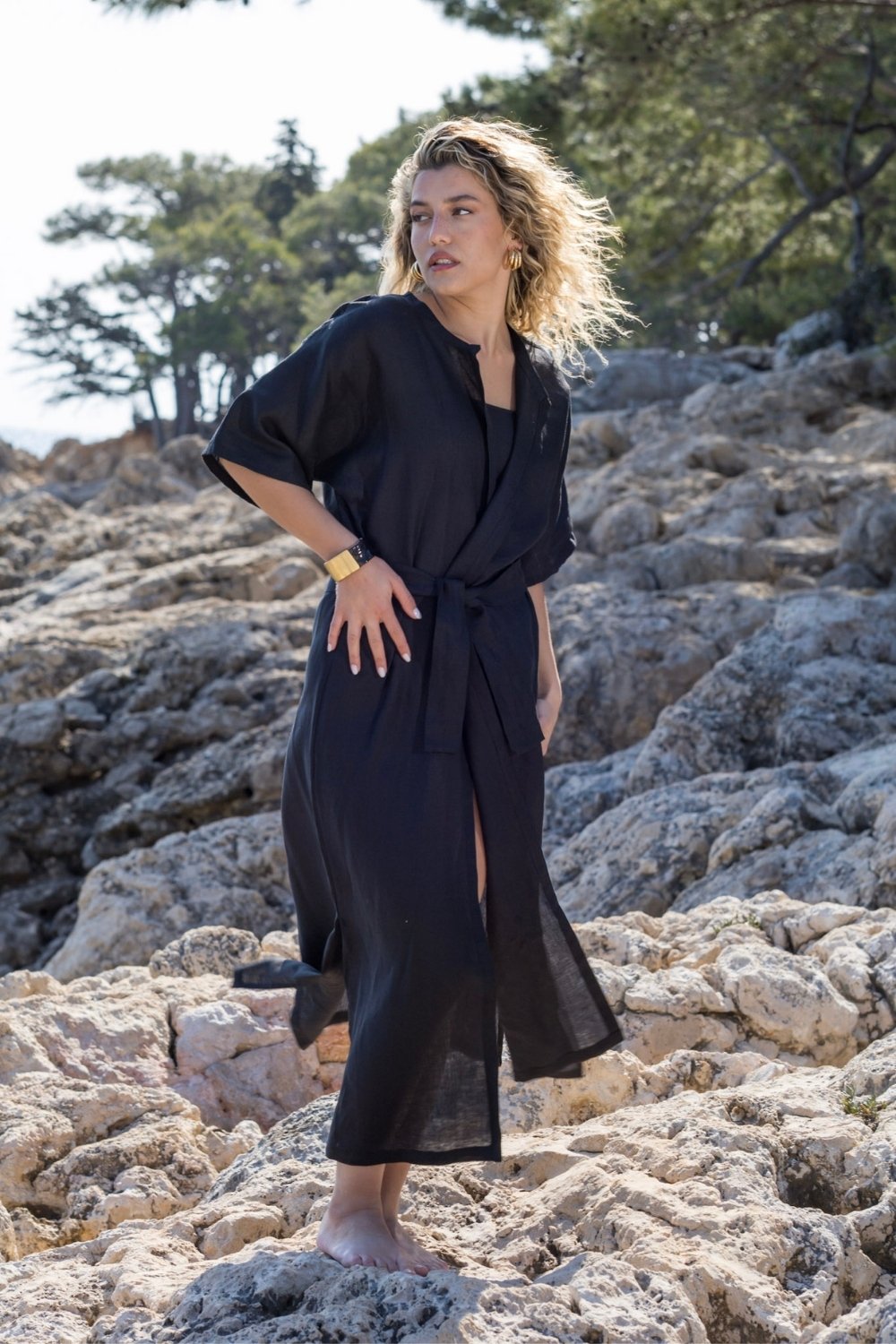 Carryberry-Siyah Keten Uzun Kimono-Kimono-3-Milagron.com