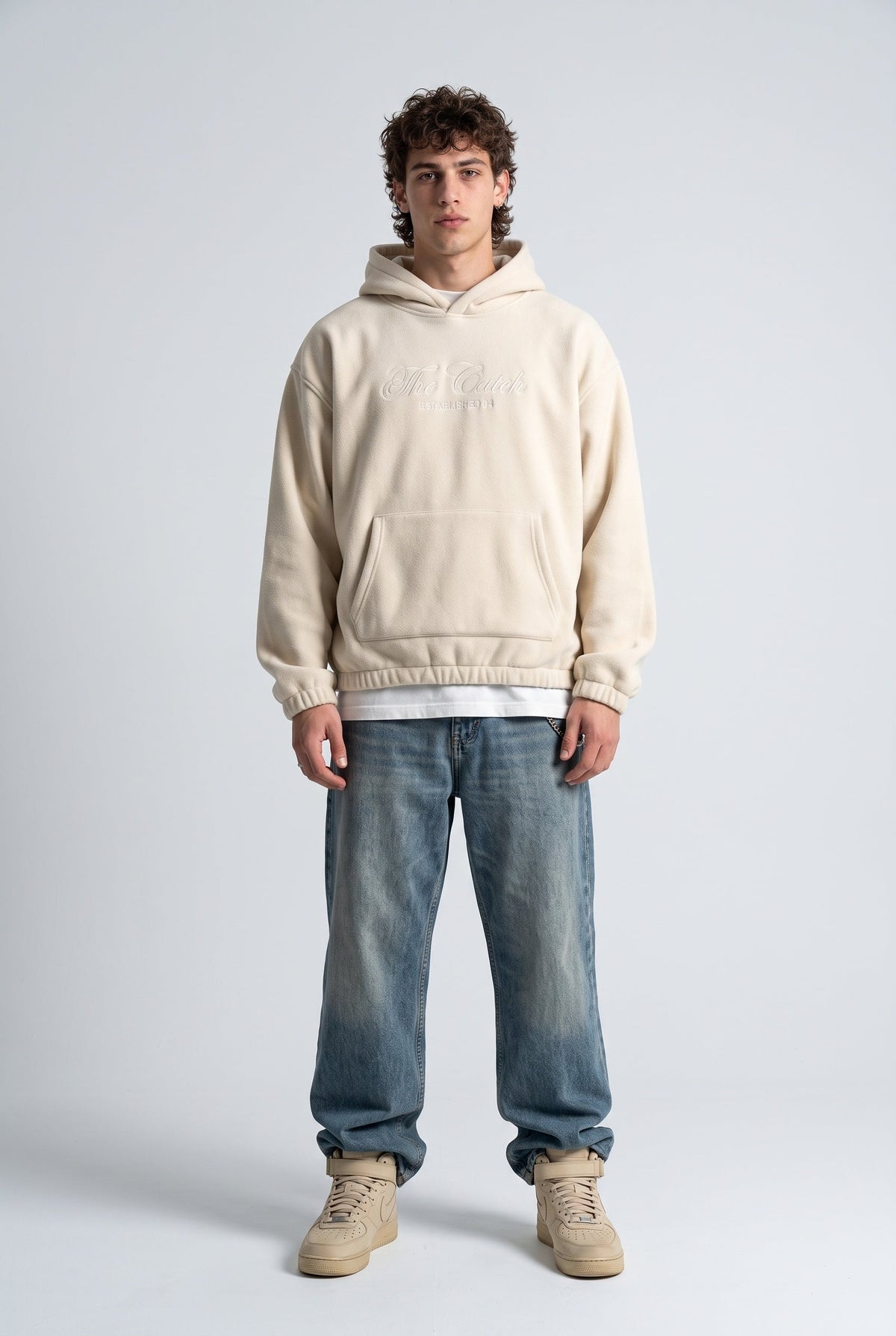 Kapüşonlu Kanguru Cepli Nakışlı Sweatshirt, Bej - 0