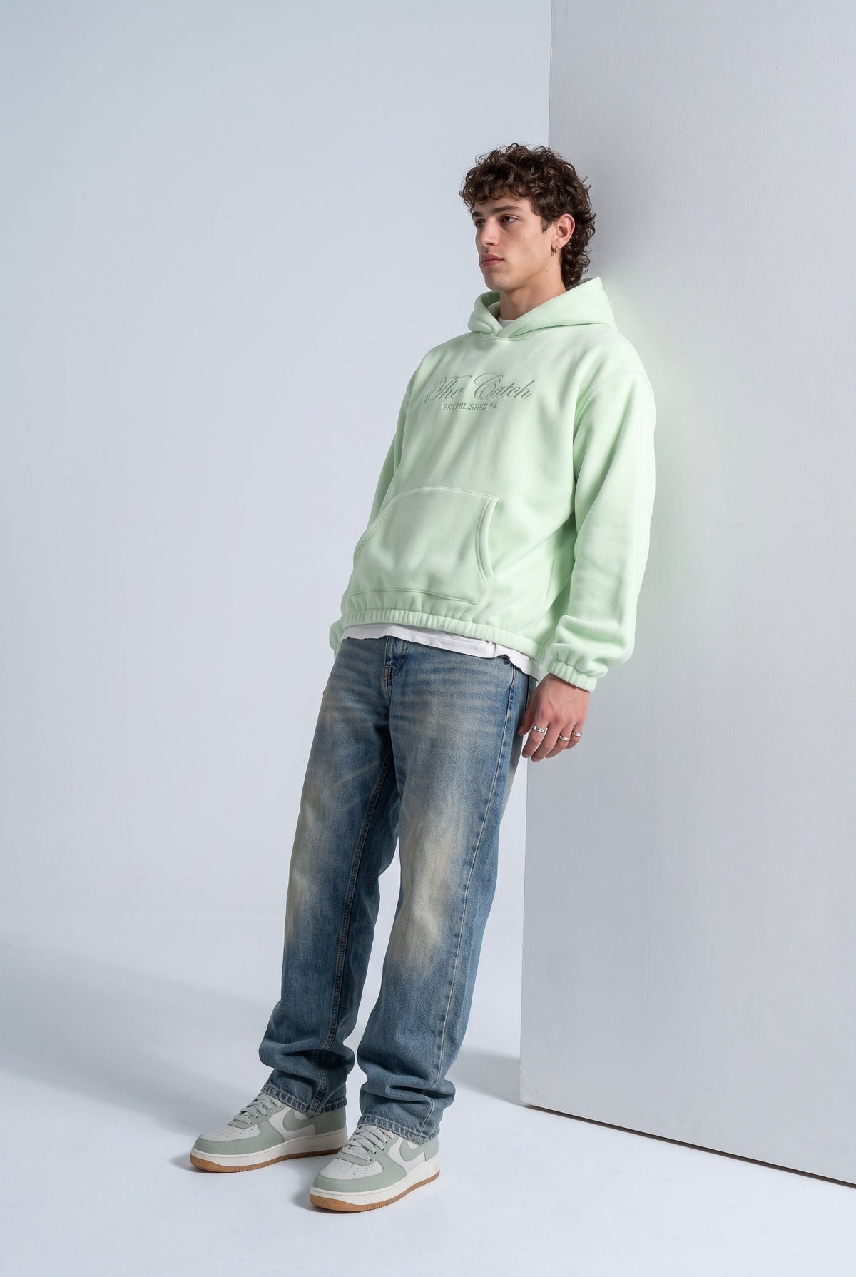 Kapüşonlu Kanguru Cepli Nakışlı Sweatshirt, Yeşil - 2