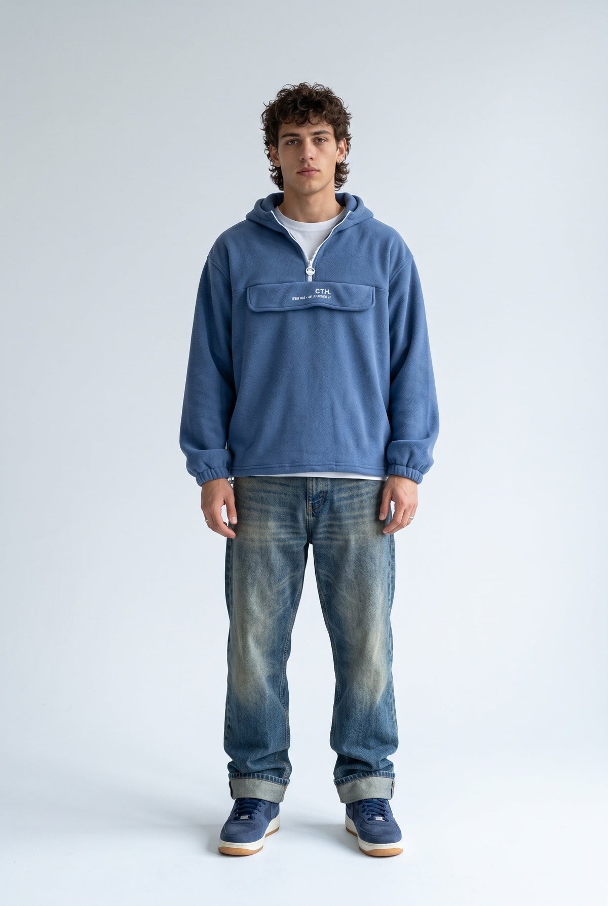 Yarım Fermuarlı Kapüşonlu Polar Sweatshirt, Koyu Mavi - 0