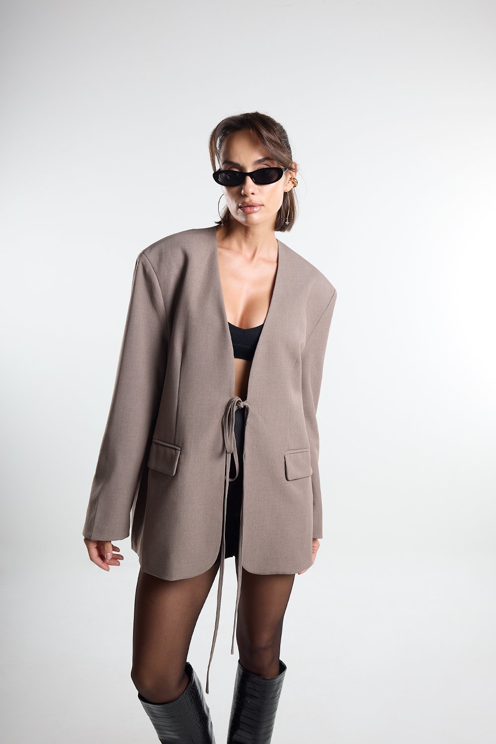 Christina's Storm-Taupe Laced Oversize Blazer-Ceket-1-Milagron.com