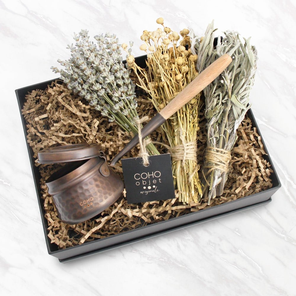 Coho Objet-Coho Box Antique Dövme Tütsü çanağı & üzerlik &Adaçayı & Lavanta Hediye Seti-COHO Box Hediye Kutuları-1-Milagron.com