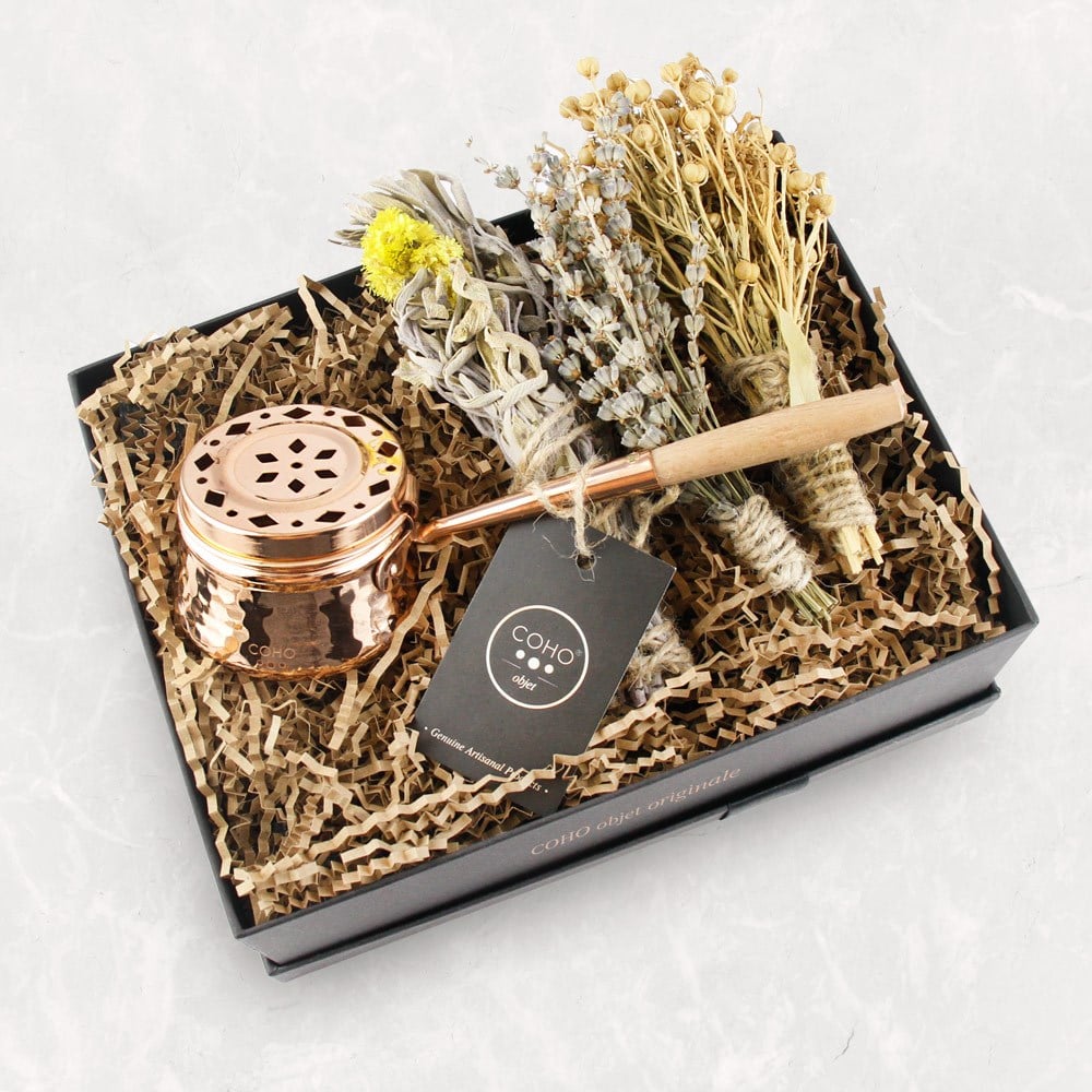 Coho Objet-Coho Box Artisan Dövme Bakır Tütsü çanağı & üzerlik & Adaçayı & Lavanta Hediye Seti-Hediye Setleri-1-Milagron.com