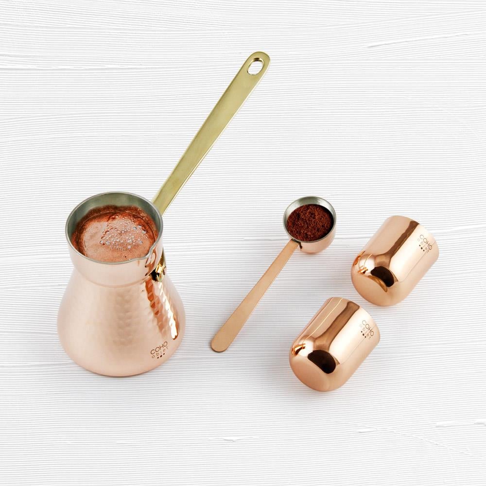 Coho Objet-Coho Box Hatır Dövme Bakır Cezve & Kaşık & 2 Li Bardak Hediye Seti-Artisan Serisi Bakır Cezveler-2-Milagron.com
