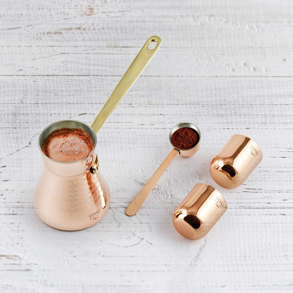 Coho Objet-Coho Box Hatır Dövme Bakır Cezve & Kaşık & 2 Li Bardak Hediye Seti-Artisan Serisi Bakır Cezveler-3-Milagron.com