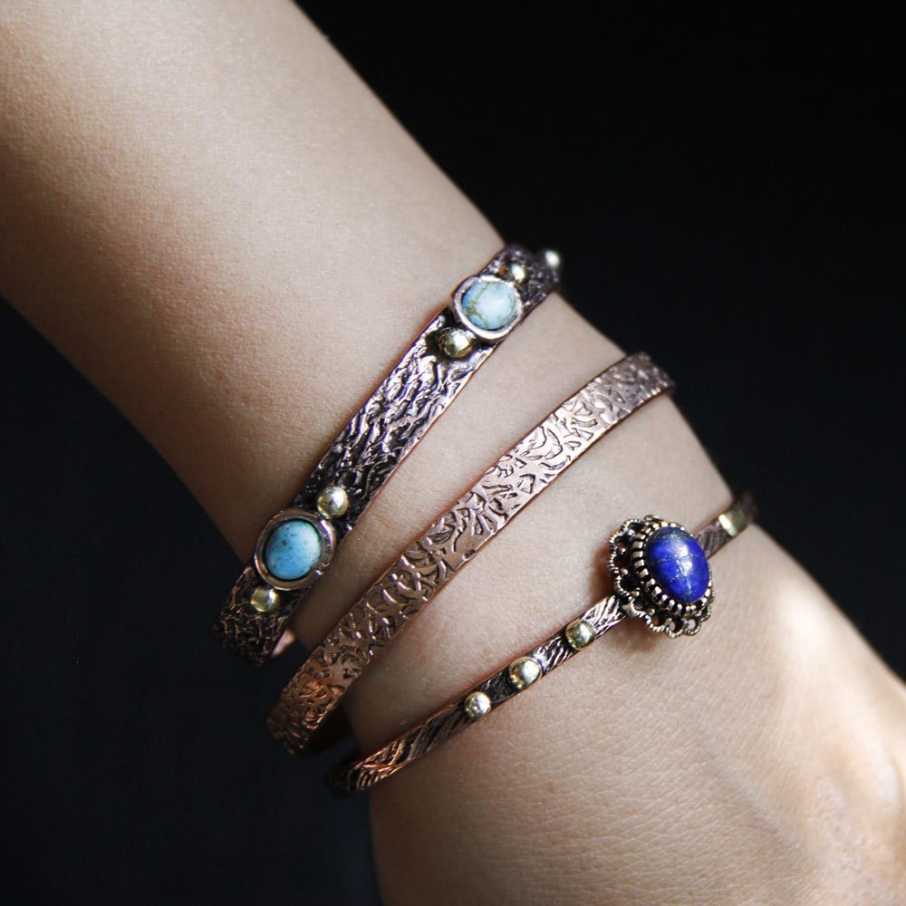 Coho Objet-Coho Tılsım Turkuaz & Lapis Lazuli Taşlı & Motifli El İşleme Bakır Bileklik Seti-COHO Tılsım Takılar-1-Milagron.com