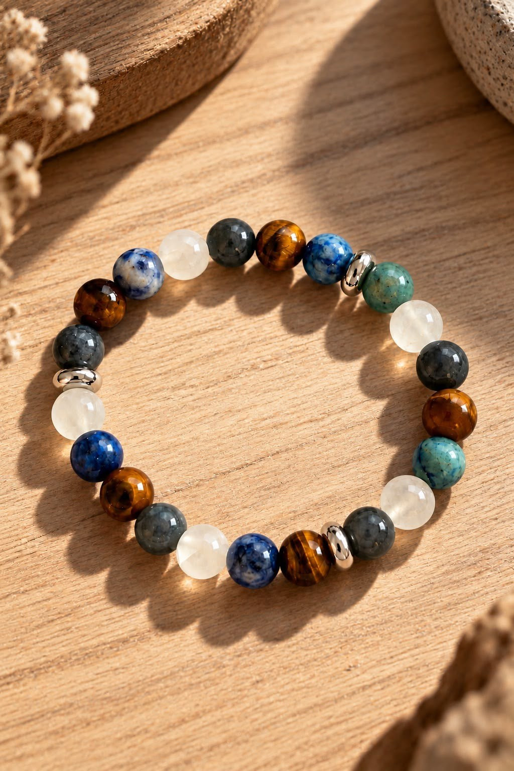 Natura Labradorit, Selenit, Kaplan Gözü ve Azurit Taşlı El Yapımı Bileklik - 3