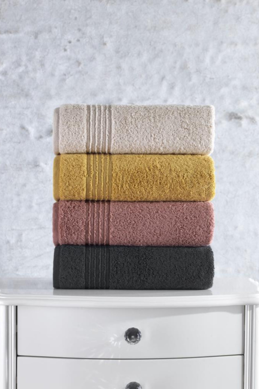 Cotton Box-%100 Pamuk 4'lü Armurlu Havlu Seti Bej Hardal G.Kurusu Antrasit-Havlu Seti-1-Milagron.com