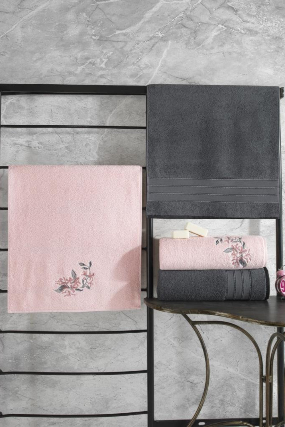 Cotton Box-%100 Pamuk Hamam Havlu Seti Colorful Antrasit Pembe-Havlu Seti-1-Milagron.com