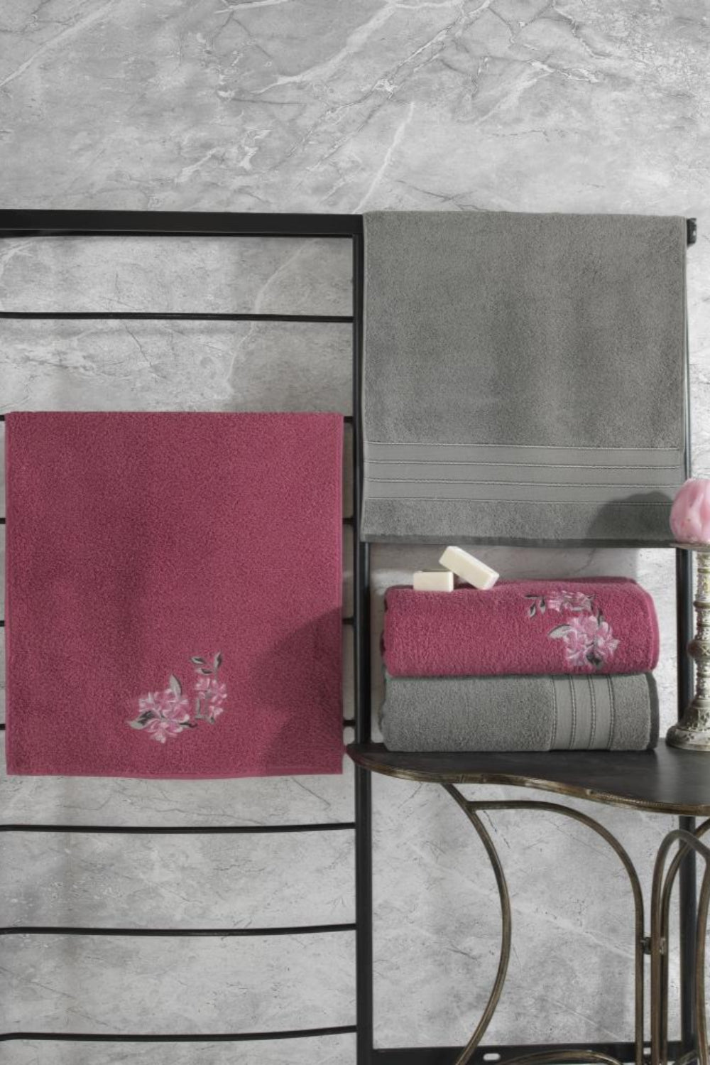 Cotton Box-%100 Pamuk Hamam Havlu Seti Colorful Gri Pembe-Havlu Seti-1-Milagron.com