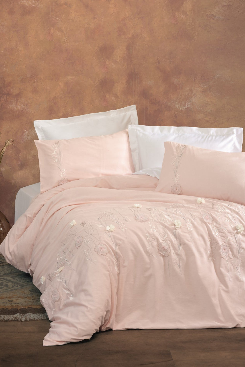 Cotton Box-3D Nakışlı Saten Çift Kişilik Nevresim Takımı Lesley Pudra-Nevresim Takımı-1-Milagron.com