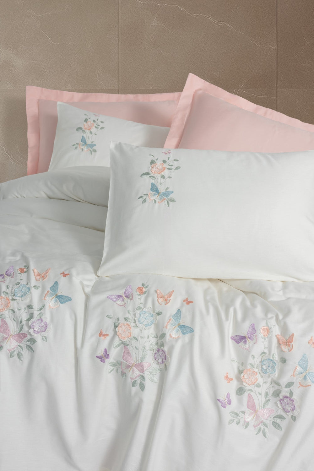 Cotton Box-3D Nakışlı Saten Çift Kişilik Nevresim Takımı Liva Pudra-Nevresim Takımı-2-Milagron.com