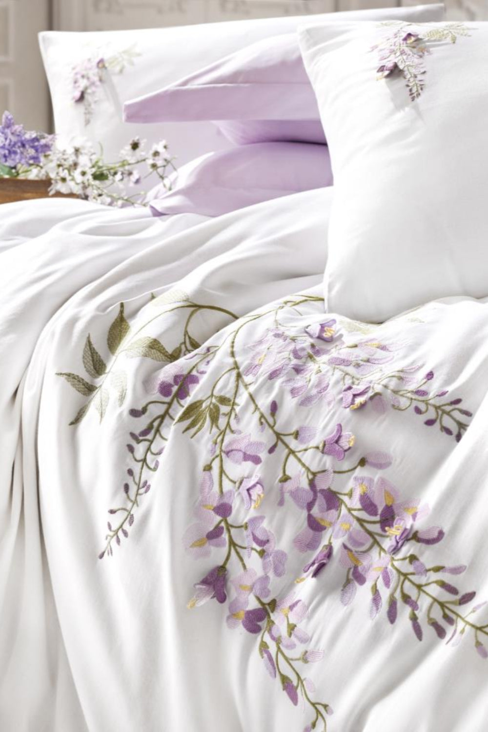 Cotton Box-3D Nakışlı Saten Çift Kişilik Nevresim Takımı Mita Lila-Nevresim Takımı-2-Milagron.com