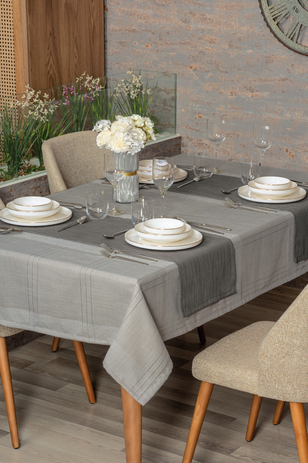Cotton Box-Cotton Box Antique Masa örtüsü Seti Jasmine Gri 155x220-Masa Örtüsü Seti-1-Milagron.com