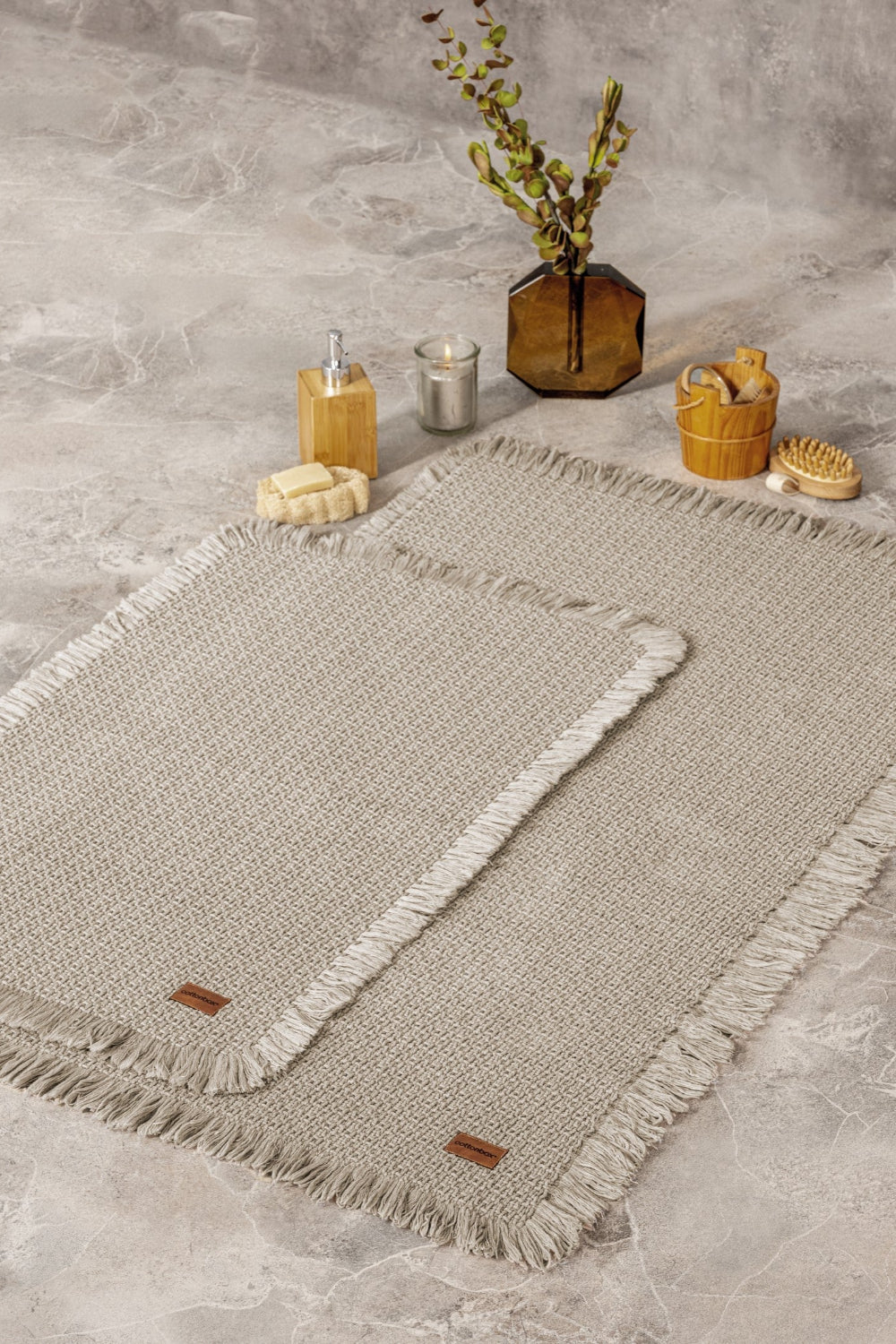 Cotton Box-Bath Rug Set Bej 75x125 60x90-Halı-1-Milagron.com