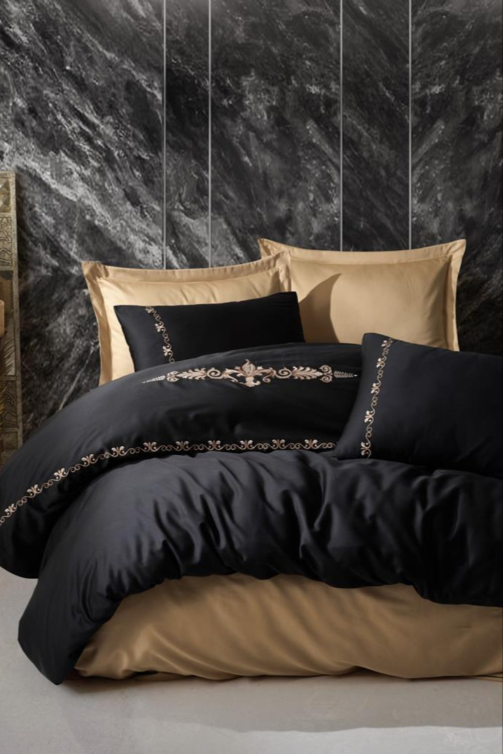 Cotton Box-Cotton Box Brode Saten çift Kişilik Nevresim Takımı Gloria Gold-Çift Kişilik Nevresim Takımı-1-Milagron.com