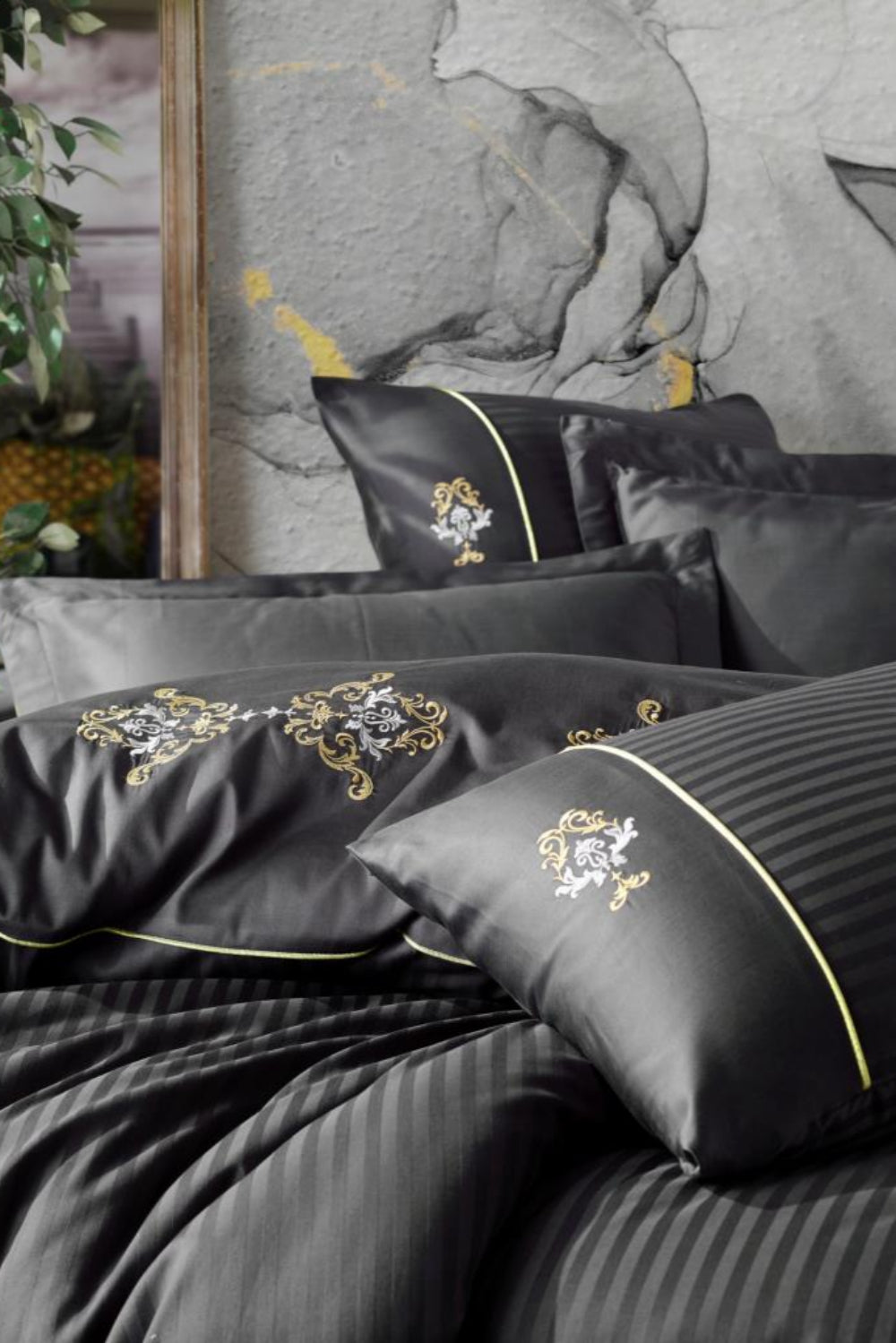 Cotton Box-Cotton Box Brode Saten çift Kişilik Nevresim Takımı King Antrasit-Çift Kişilik Nevresim Takımı-2-Milagron.com