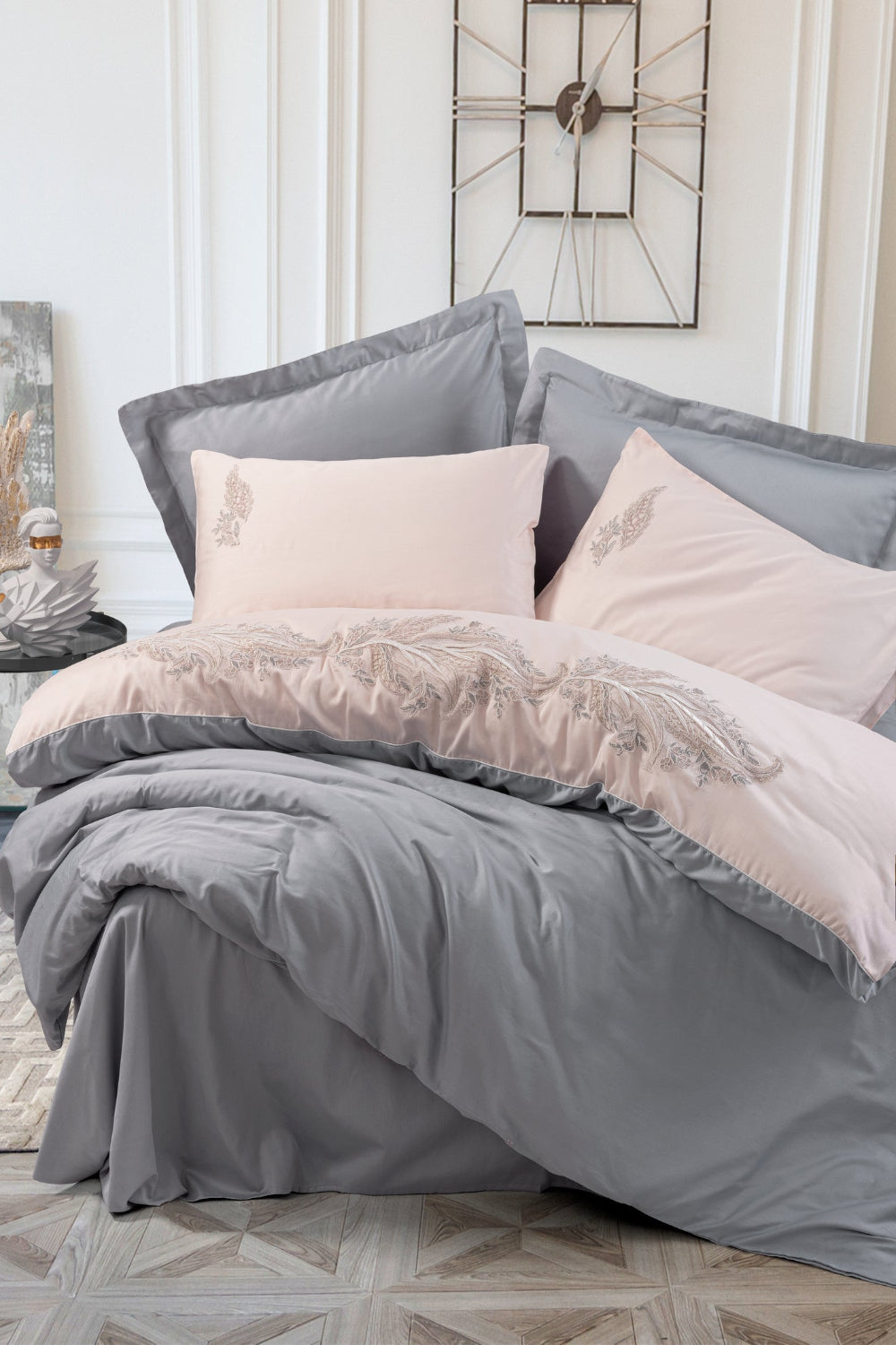 Cotton Box-Cotton Box Brode Saten çift Kişilik Nevresim Takımı Sheen Gri-Çift Kişilik Nevresim Takımı-1-Milagron.com