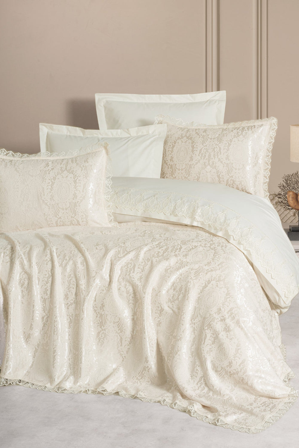 Cotton Box-Chi Chi Çift Kişilik Pikeli Nevresim Takımı Silva Krem-Nevresim Takımı-1-Milagron.com