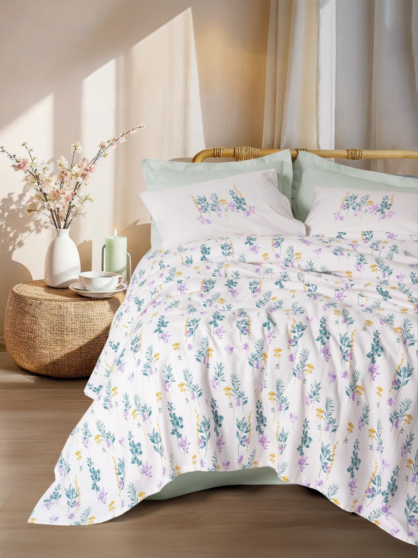 Cotton Box-Cotton Box Estiva çift Kişilik Pike Takımı Twig Mint-Pikeli Nevresim Takımı-1-Milagron.com