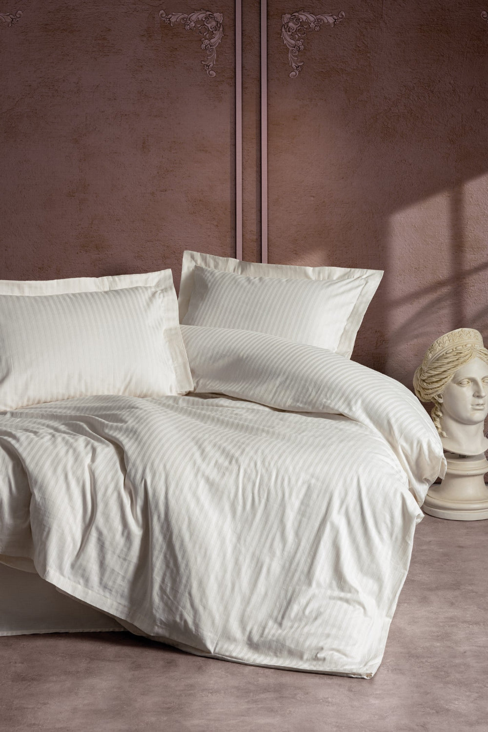 Cotton Box-Elegant Stripe Saten Çift Kişilik Nevresim Takımı Ekru-Nevresim Takımı-1-Milagron.com