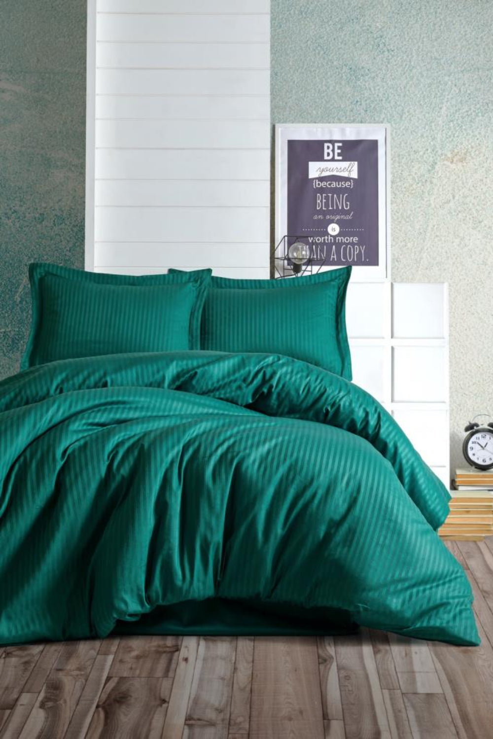 Cotton Box-Elegant Stripe Saten Çift Kişilik Nevresim Takımı Petrol-Nevresim Takımı-1-Milagron.com