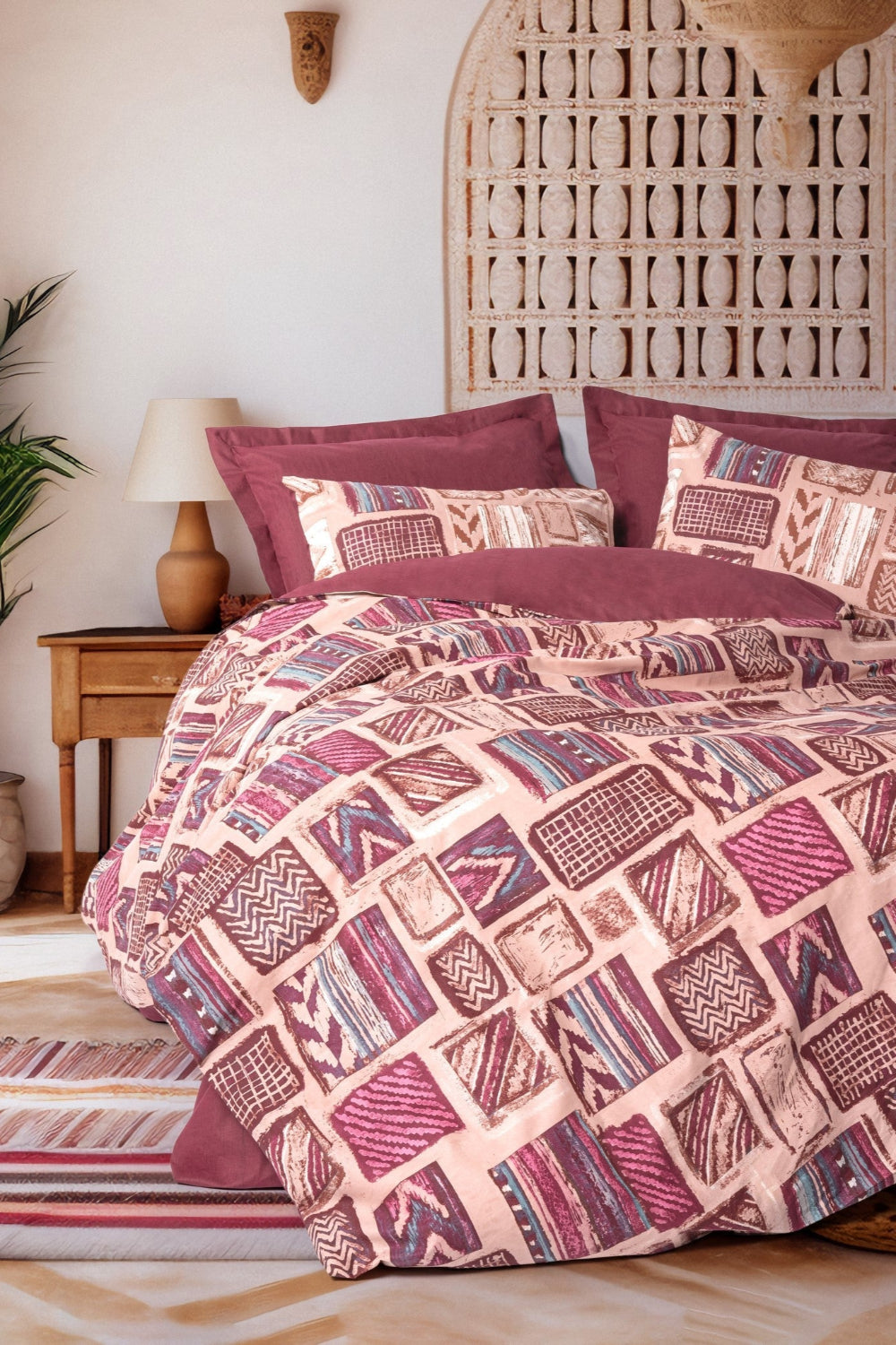 Cotton Box-Ethnic Çift Kişilik Nevresim Takımı Estilo Bordo-Nevresim Takımı-1-Milagron.com