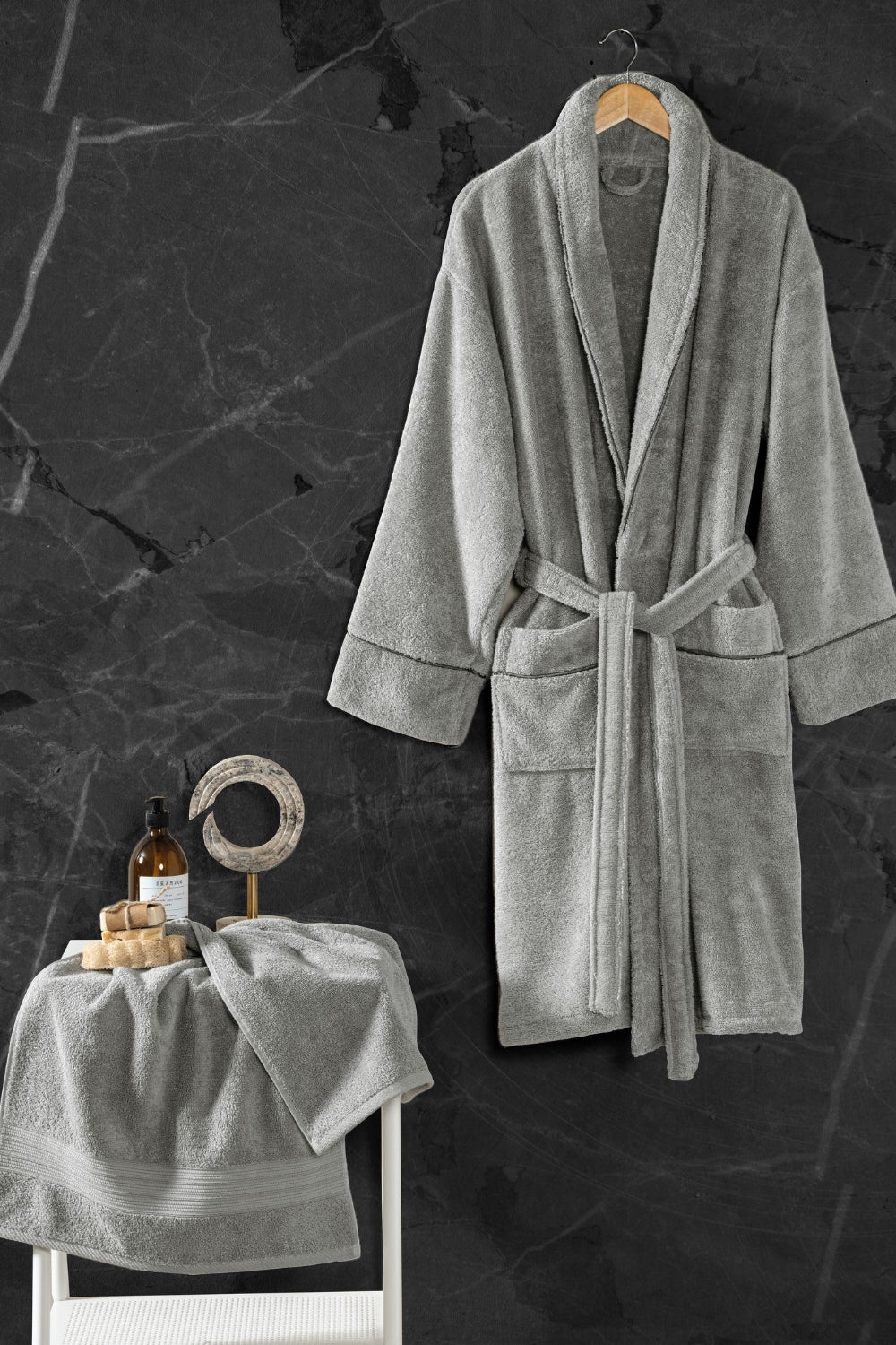Cotton Box-Exclusive Single Bornoz Seti Gri L/XL-Bornoz Seti-1-Milagron.com