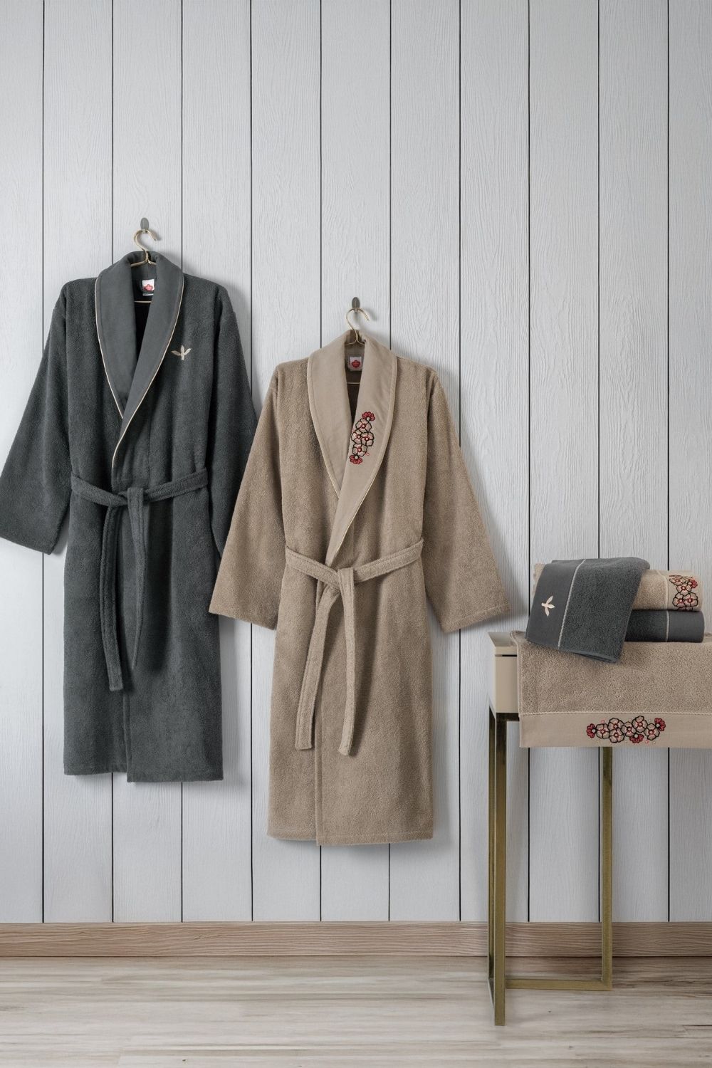 Cotton Box-Folk Art Aile Bornoz Seti Yamka Bej Antrasit-Bornoz Seti-1-Milagron.com