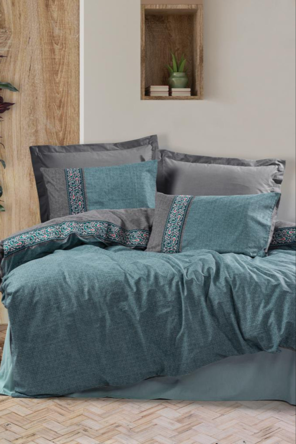 Cotton Box-Folk Art Çift Kişilik Nevresim Takımı Erna Petrol-Nevresim Takımı-1-Milagron.com