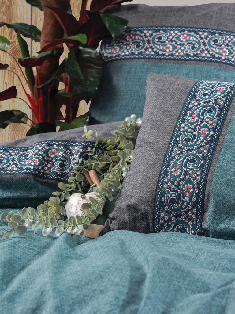 Cotton Box-Folk Art Çift Kişilik Nevresim Takımı Erna Petrol-Nevresim Takımı-2-Milagron.com