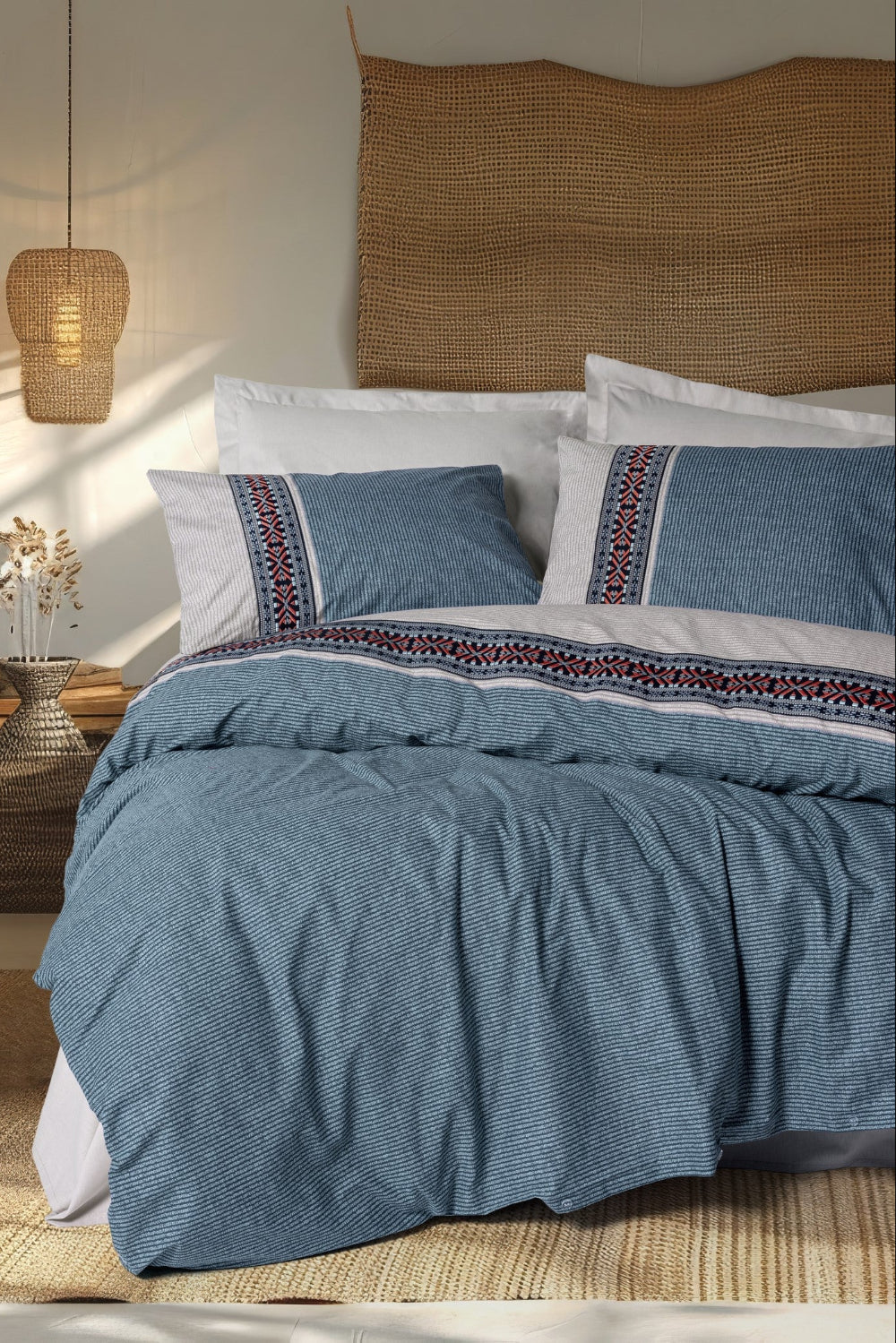 Cotton Box-Folk Art Çift Kişilik Nevresim Takımı Polku Gri-Nevresim Takımı-1-Milagron.com