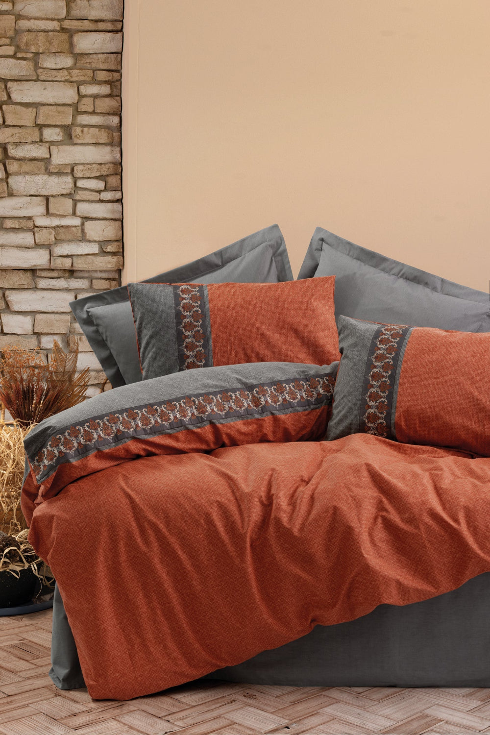 Cotton Box-Folk Art Çift Kişilik Nevresim Takımı Tamaya Kiremit-Nevresim Takımı-1-Milagron.com