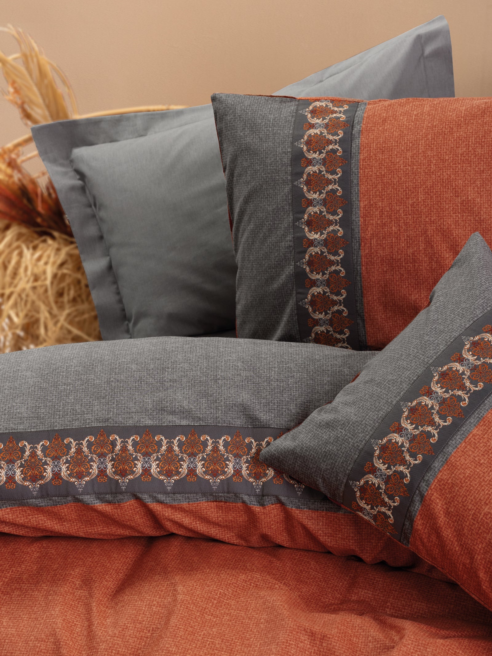 Cotton Box-Folk Art Çift Kişilik Nevresim Takımı Tamaya Kiremit-Nevresim Takımı-2-Milagron.com