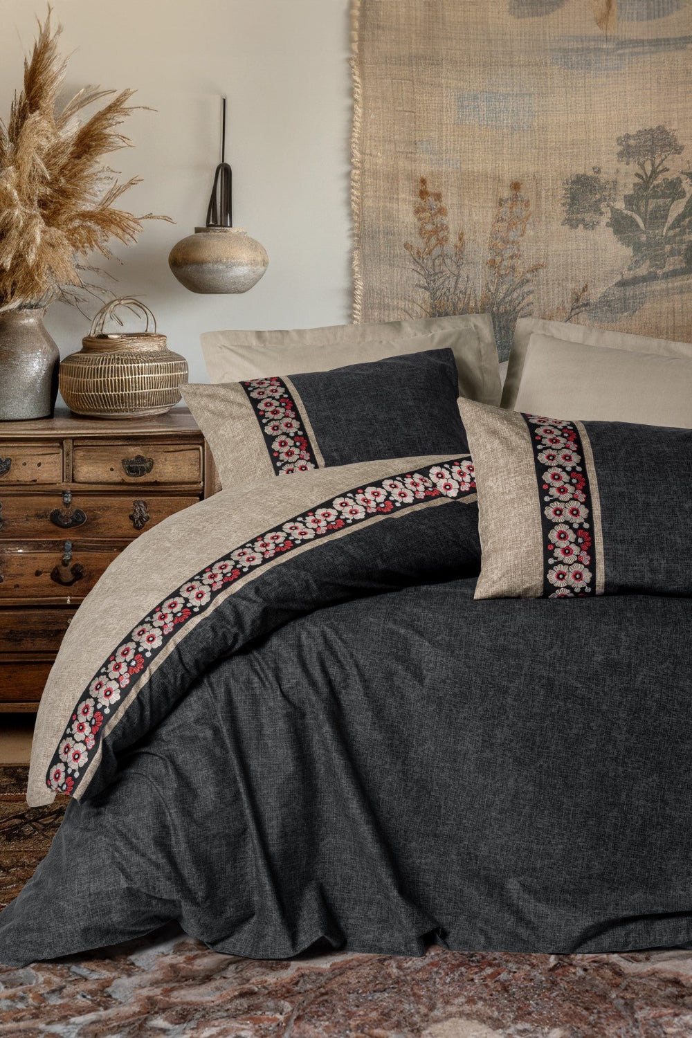 Cotton Box-Folk Art Çift Kişilik Nevresim Takımı Yamka Bej-Nevresim Takımı-1-Milagron.com