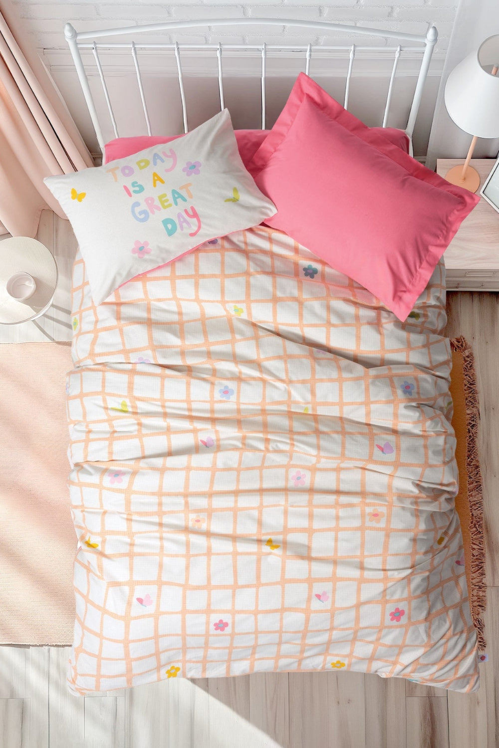 Cotton Box-Cotton Box Genç Odası Tek Kişilik Lastikli çarşaflı Nevresim Takımı Jours Pembe-Tek Kişilik Nevresim Takımı-1-Milagron.com