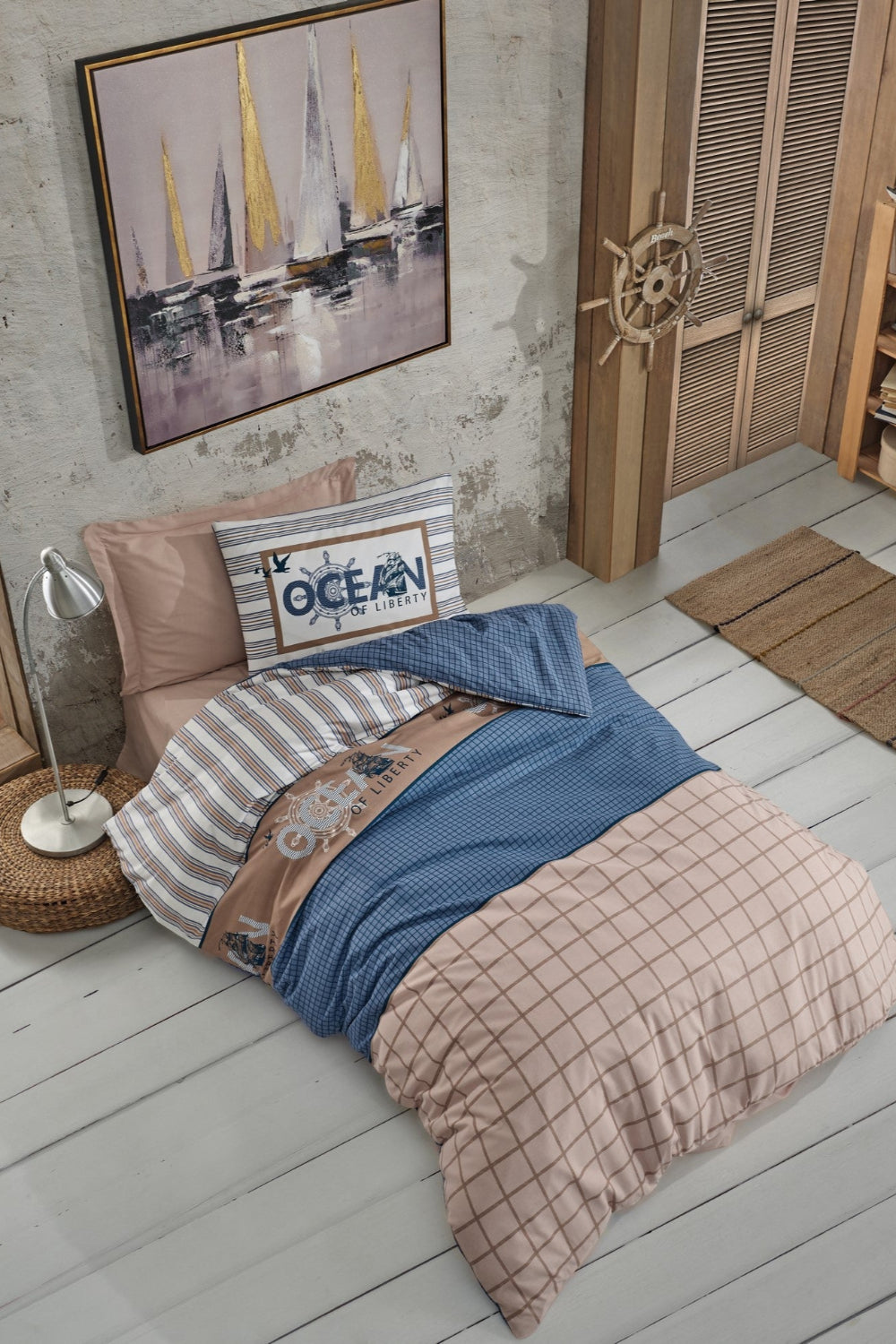 Cotton Box-Cotton Box Genç Odası Tek Kişilik Lastikli çarşaflı Nevresim Takımı Ocean Lacivert-Tek Kişilik Nevresim Takımı-1-Milagron.com