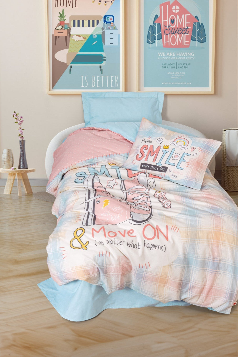 Cotton Box-Cotton Box Genç Odası Tek Kişilik Lastikli çarşaflı Nevresim Takımı Smile Mint-Tek Kişilik Nevresim Takımı-1-Milagron.com