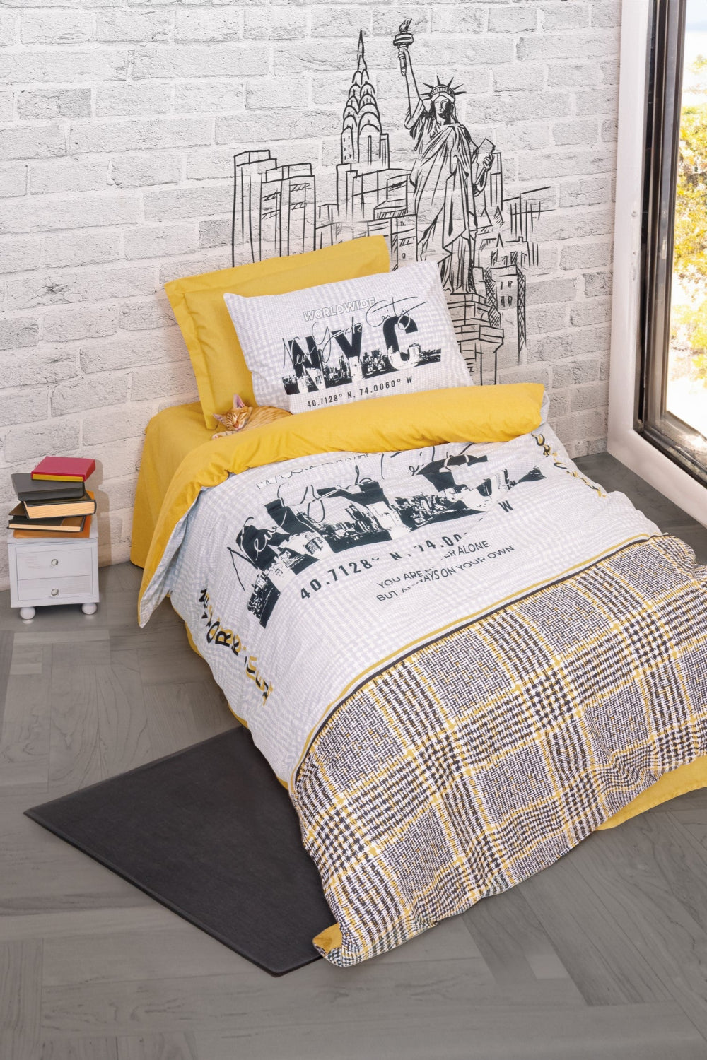 Cotton Box-Cotton Box Genç Odası Tek Kişilik Lastikli çarşaflı Nevresim Takımı Worldwide Hardal-Tek Kişilik Nevresim Takımı-1-Milagron.com
