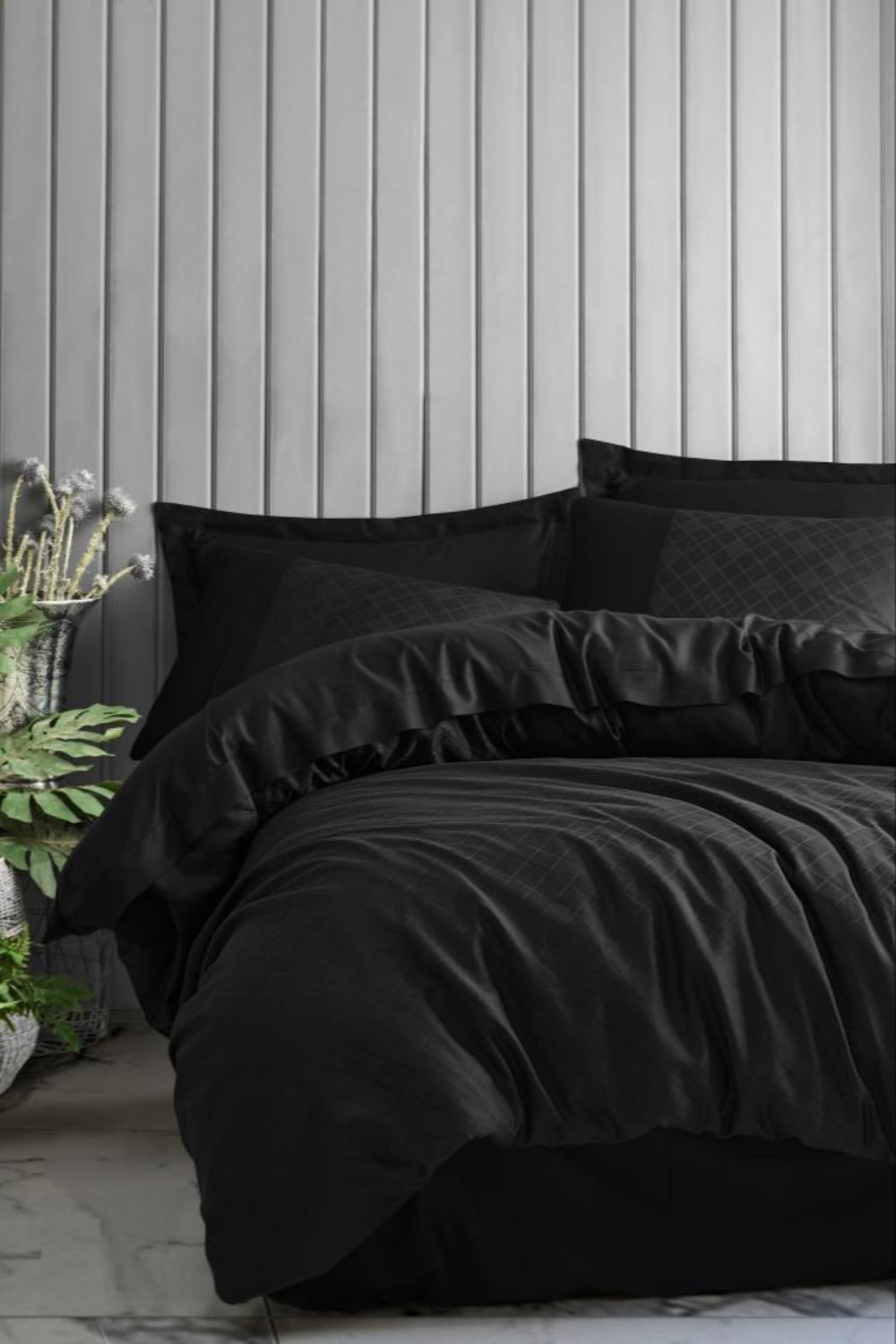 Cotton Box-Jakarlı Saten Çift Kişilik Nevresim Takımı Dama Siyah-Nevresim Takımı-1-Milagron.com