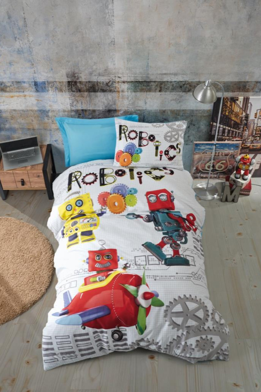 Cotton Box-Cotton Box Junior Tek Kişilik Nevresim Takımı Robot Mavi-Tek Kişilik Nevresim Takımı-1-Milagron.com