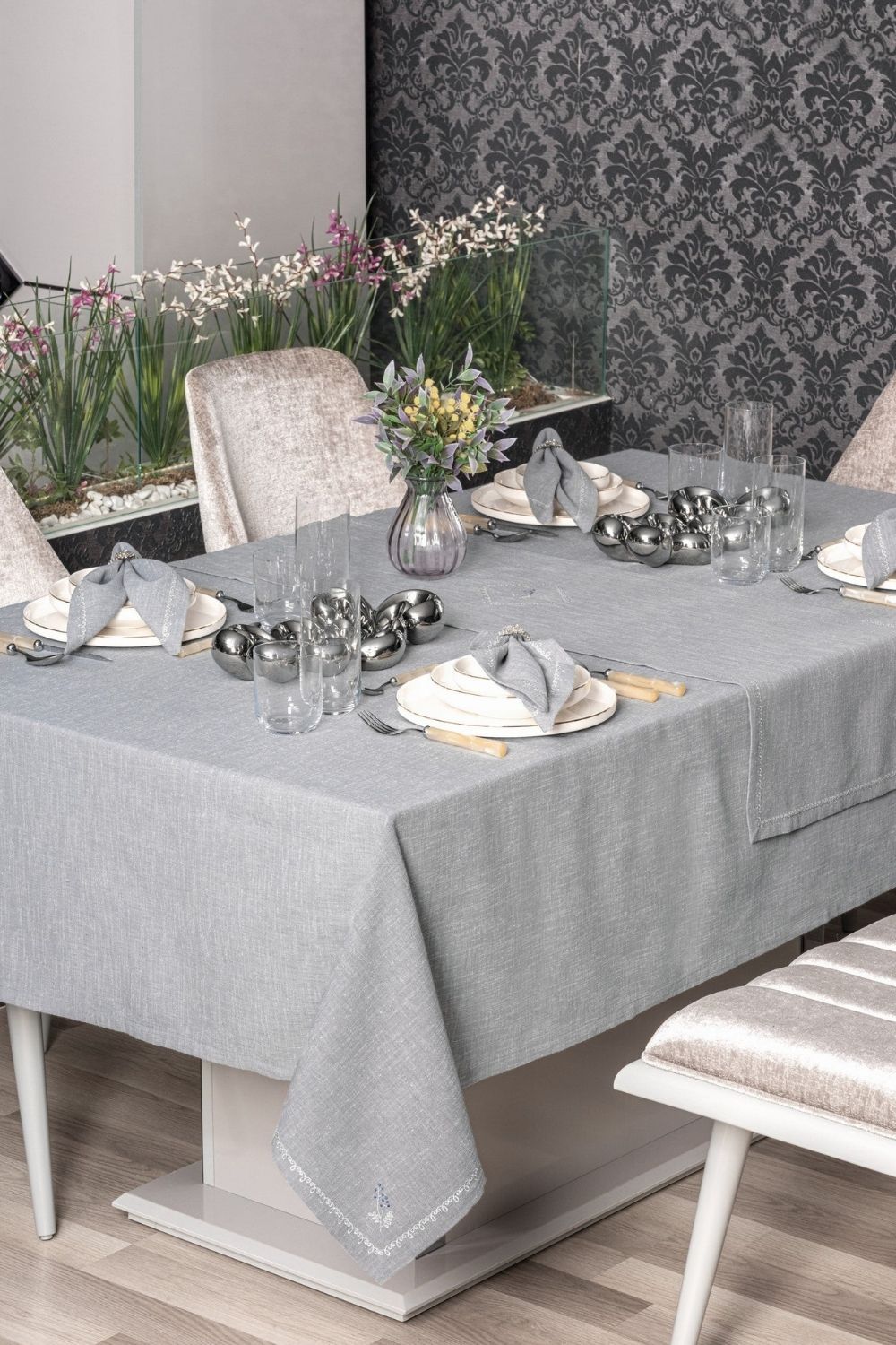 Cotton Box-Keten Masa Örtüsü Takımı Pera Gri 175x240-Masa Örtüleri-1-Milagron.com