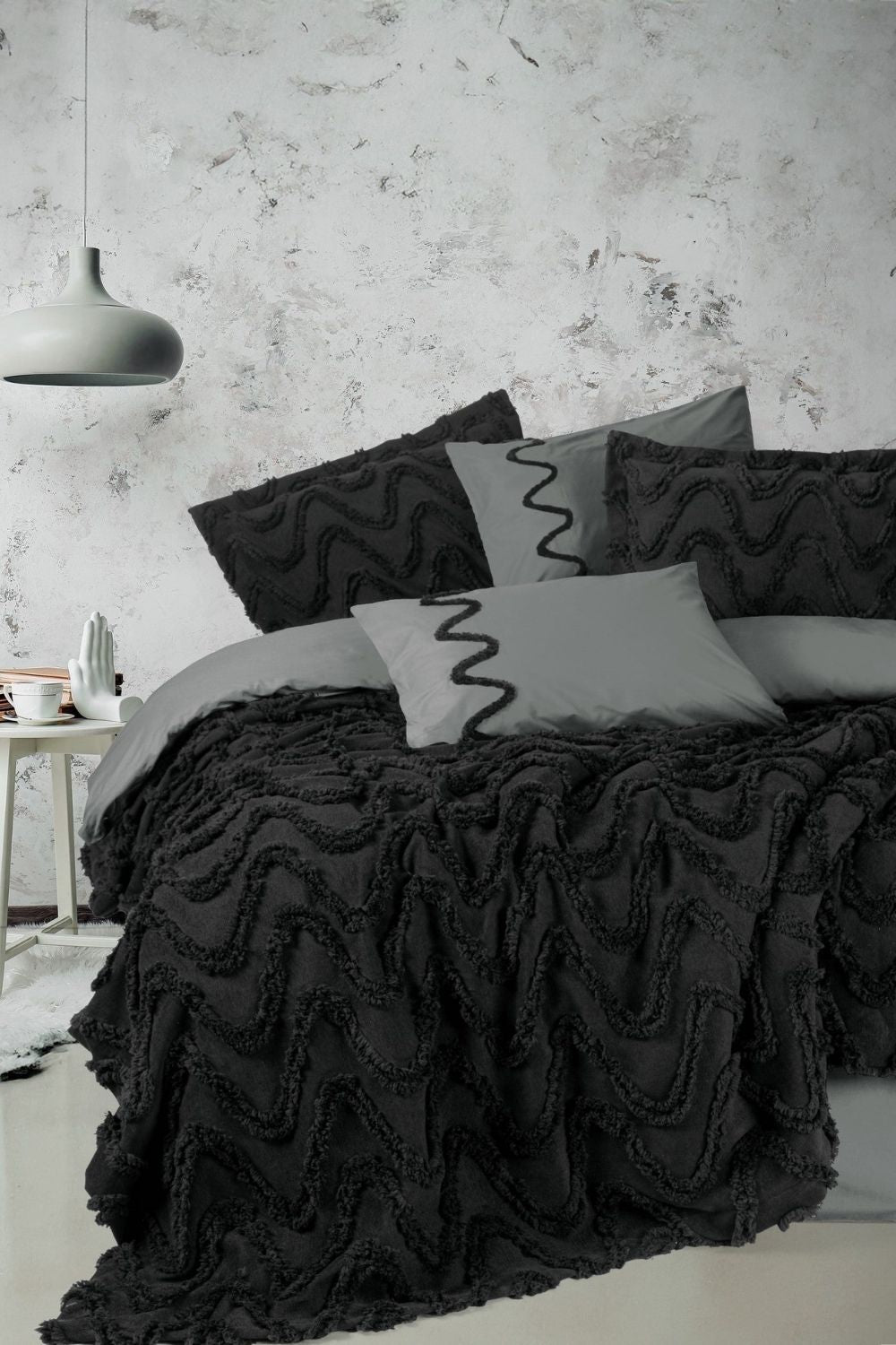 Cotton Box-Limi Çift Kişilik Yatak Örtülü Nevresim Takımı Viggo Siyah-Yatak Örtüsü-1-Milagron.com