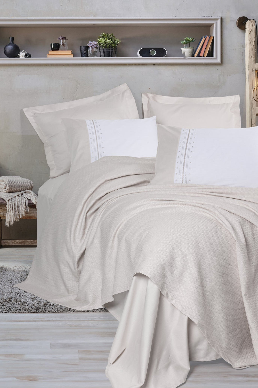 Cotton Box-Lusso Bambu Çift Kişilik Pike Takımı Chaste Taş-Pike Takımı-1-Milagron.com